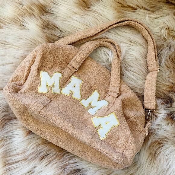 Tan Sherpa 'MAMA' Embroidered Duffle Tote Bag with Crossbody Strap - Picture 1 of 3